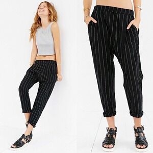 NEW Urban Outfitters BDG Porter Harem Pants L 100% Linen Black‎ Pinstripe Grunge